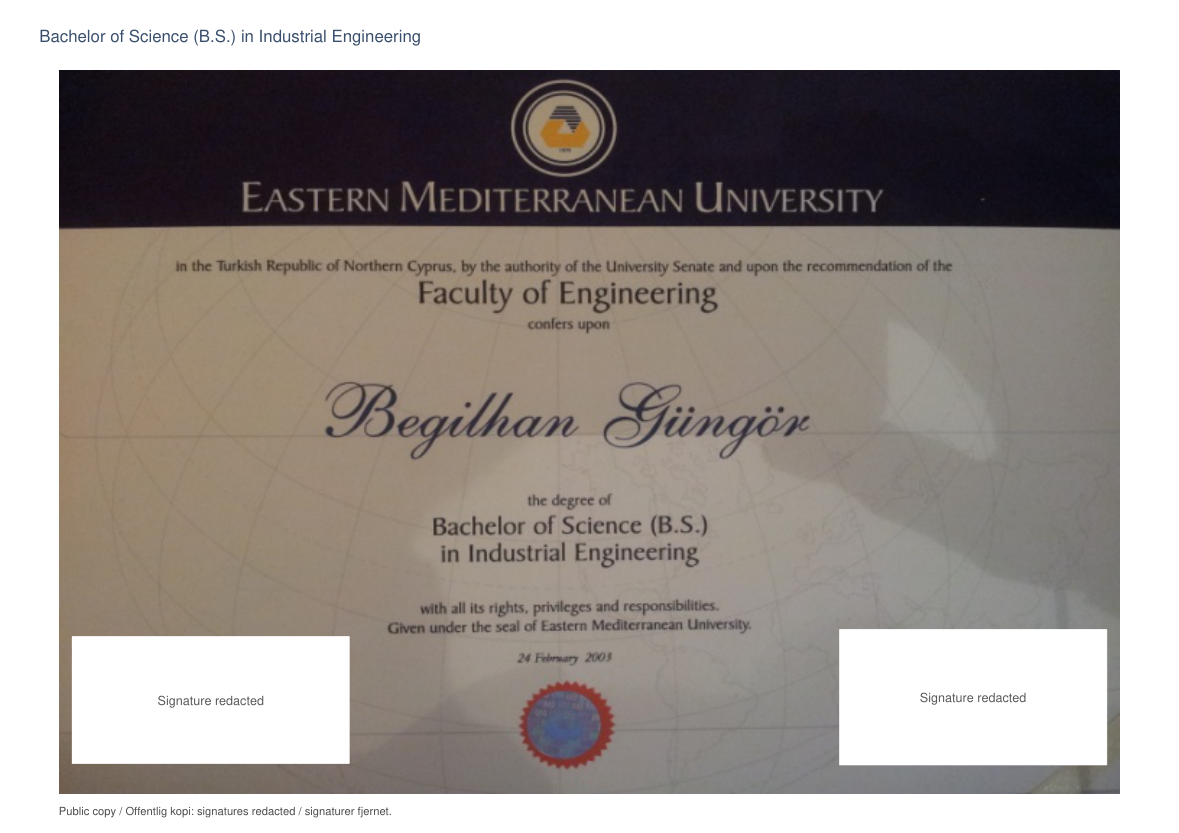 Bachelorvitnemål i industriell ingeniørvitenskap fra Eastern Mediterranean University, med signaturer fjernet.